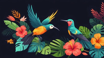 Obraz premium Vibrant Hummingbird in Tropical Foliage - Colorful Nature Illustration