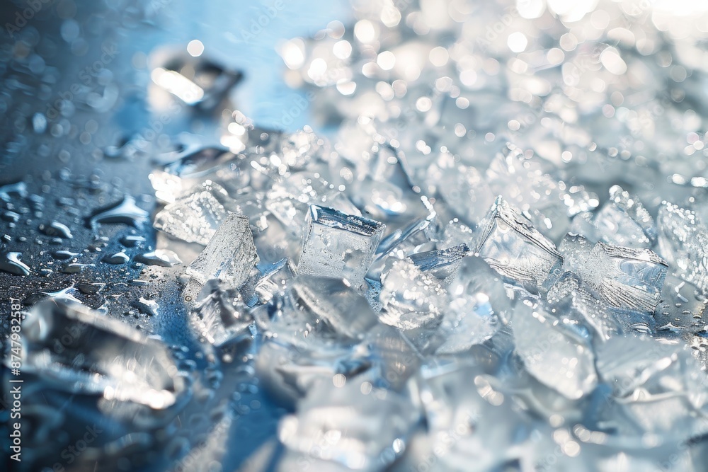 Poster a detailed macro image showcasing scattered crushed ice cubes on a metallic surface, illuminated by 