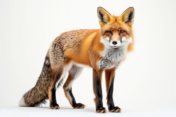 Fototapeta premium A red fox stands on a white backdrop, its bushy tail curled behind it. The fox looks directly at the camera with a curious expression