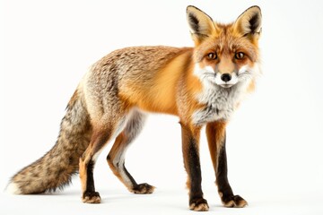 Fototapeta premium A red fox stands on a white background, its bushy tail curled behind it. The image is a close-up macro shot, highlighting the animal's fur and features
