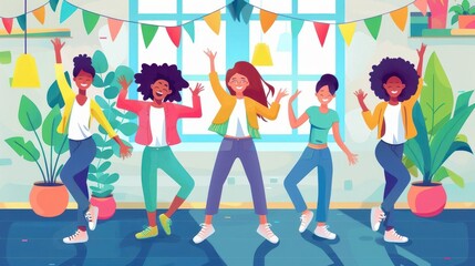Cultural dance class, joyful students, flat design illustration
