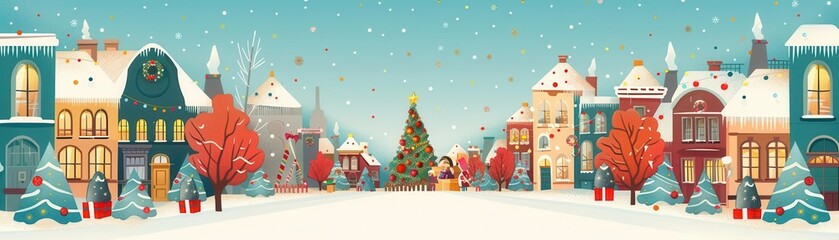 Obraz premium Festive winter street scene with decorated Christmas tree, vibrant houses, and falling snow creating a magical holiday atmosphere.