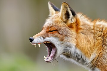 A wild red fox snarls with its mouth open and teeth exposed, showing its dominance and territorial nature. The fox's fur is a vibrant red and white, and its eyes are closed as it growls