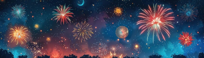 Fototapeta premium Heritage festival fireworks, joyful night, flat design illustration