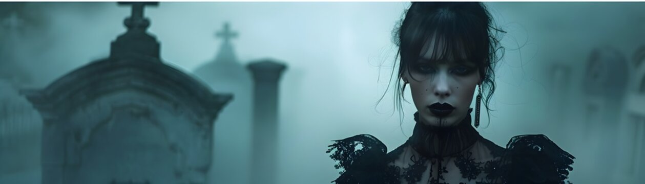 Gothic Fashion Model in Eerie Foggy Graveyard Setting with Copy Space