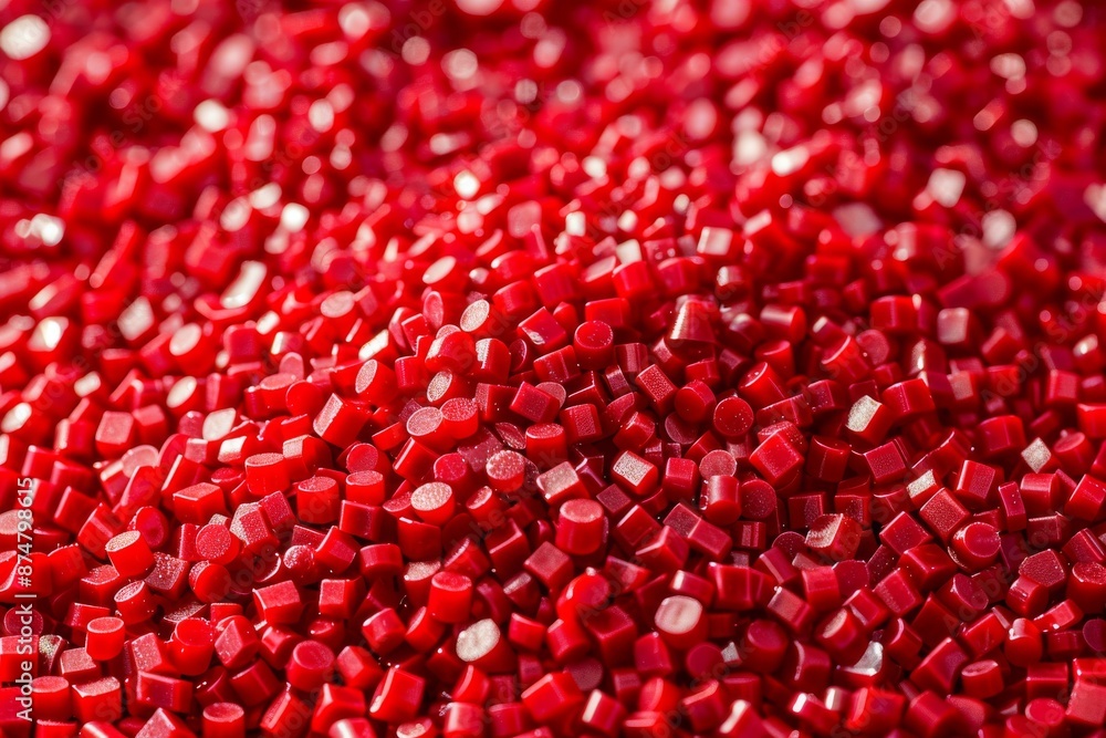 Poster a close-up photograph showcases a dense collection of red polymer granules. the macro image captures
