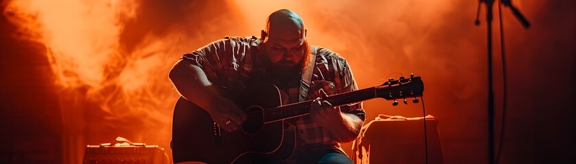Passionate Overweight Musician Performing on Stage Spotlight Highlighting His Talent and Dedication