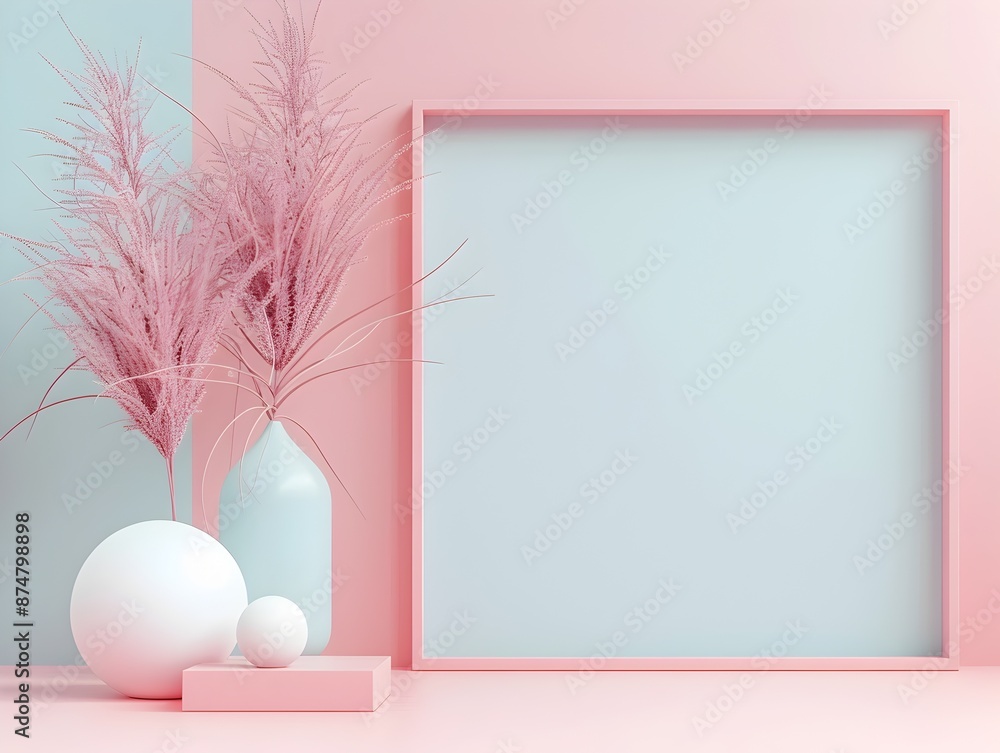 Poster minimalist white frame with geometric shapes on pastel background clean and modern design concept fo