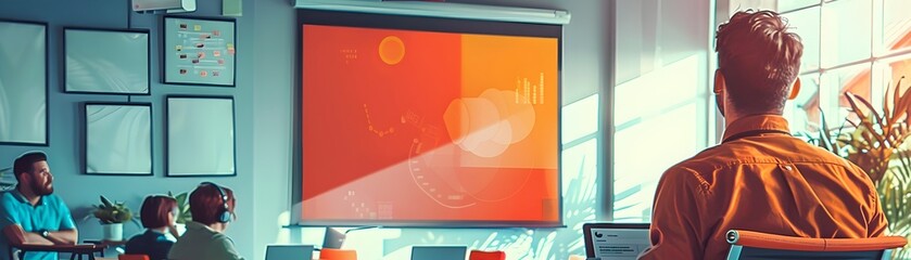 Overweight Man Engagingly Presenting an Innovative Tech Startup Pitch in a Modern Office Setting