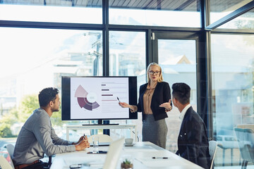 Meeting, presentation and business woman with statistics for financial profit, infographics or...