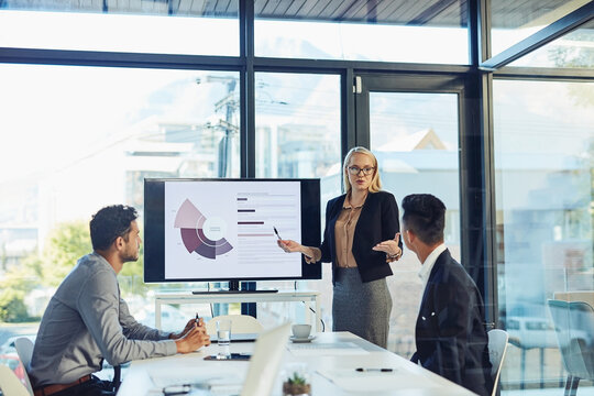 Meeting, presentation and business woman with statistics for financial profit, infographics or growth charts. Office, colleagues and person by TV for marketing data, budget review or productivity
