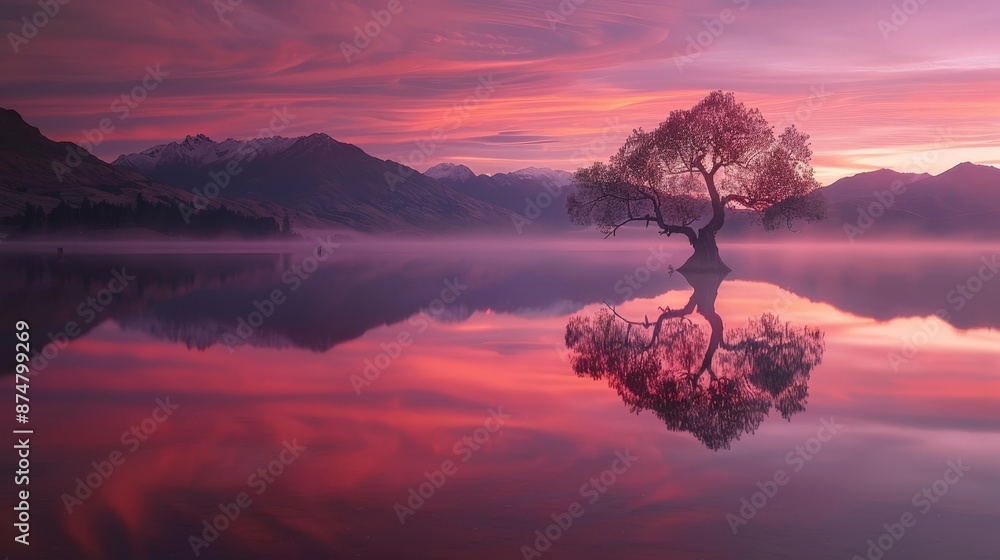 Wall mural As the sun rises, the Wanaka tree reflects in the tranquil waters of Lake Wanaka. The scene, awash with warm colors, captures the essence of natural beauty in New Zealand.