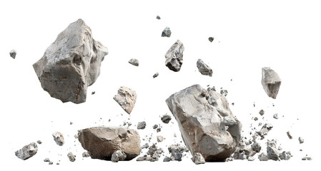 Gray rocks falling through the air, cut out