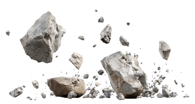 Gray rocks falling through the air, cut out