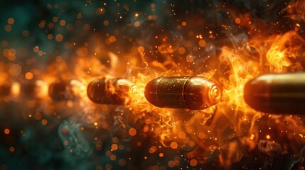 Several bullets fly through the air at close range, creating a cinematic feel. The background is dark and blurry, with a little light illuminating each bullet.
