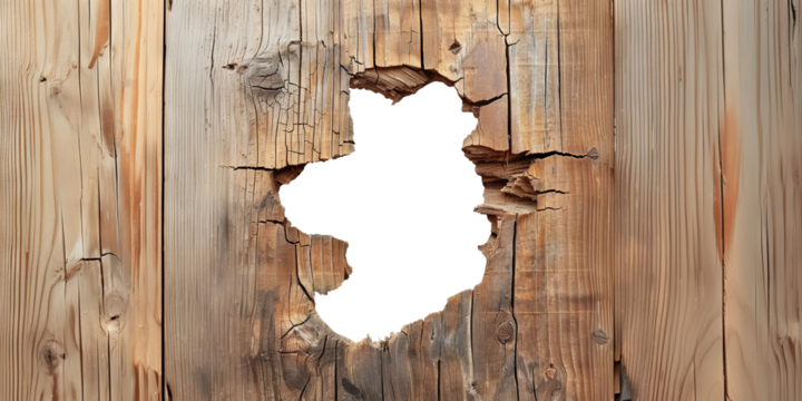 Hole in weathered wooden wall, cut out