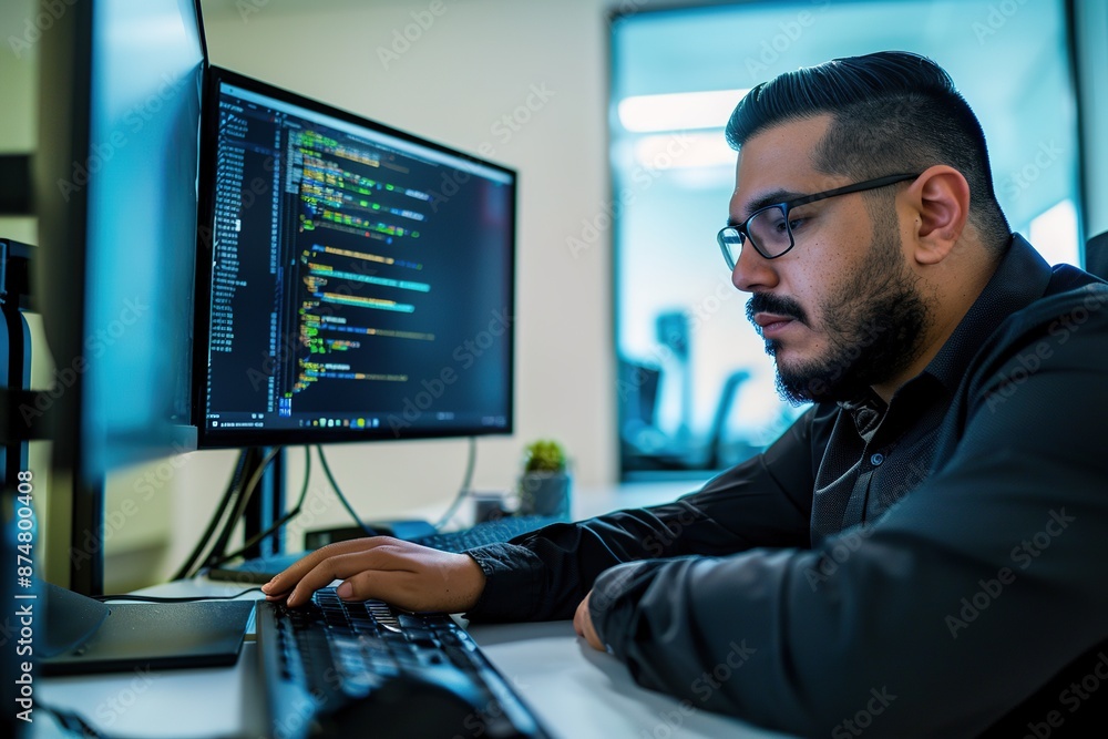 Poster focused programmer coding on dual monitors