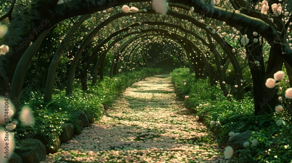 Poster a tranquil garden path sheltered by towering abstract archways and delicate floating petals