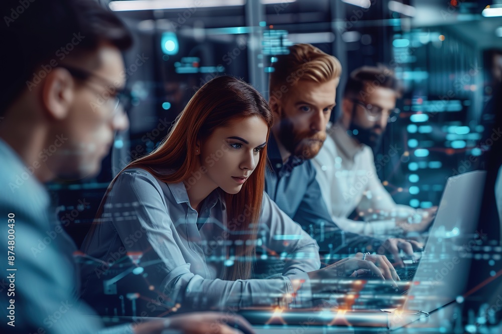 Aufkleber team of it professionals working on data analysis in high-tech e