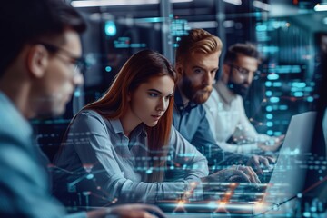 Team of IT professionals working on data analysis in high-tech e