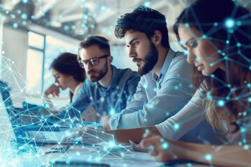 Creative team with digital network mesh overlay on workspace.