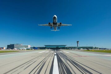 Fototapeta premium A passenger jet takes off from a runway at an airport, with the aircraft visible against a clear blue sky. The airport terminal building and control tower can be seen in the background