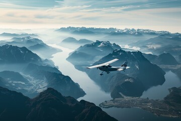 A small private plane flies over a breathtaking landscape of snow-capped mountains and winding lakes