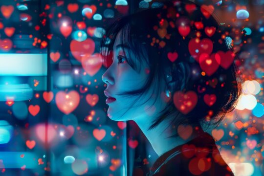 A woman stands in a city, surrounded by floating digital hearts and icons, representing her online presence and emotions