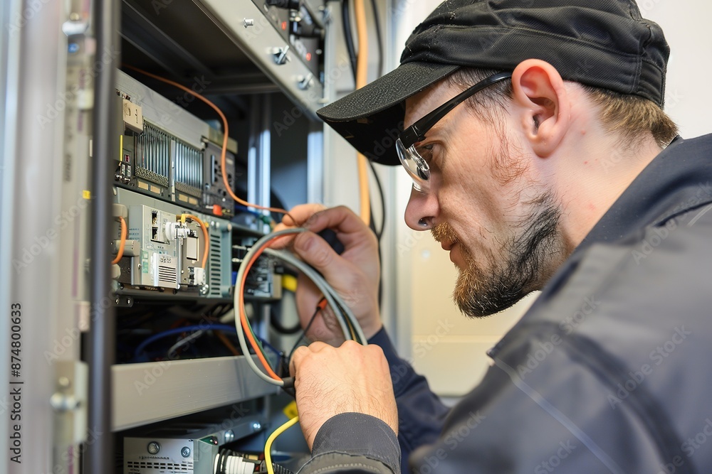 Poster electrician with tools inspecting server hardware in data center