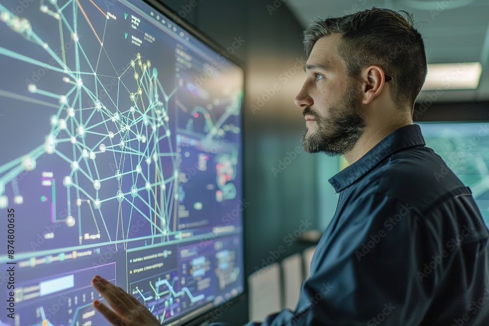 Poster man analyzes complex data on futuristic touchscreen display.