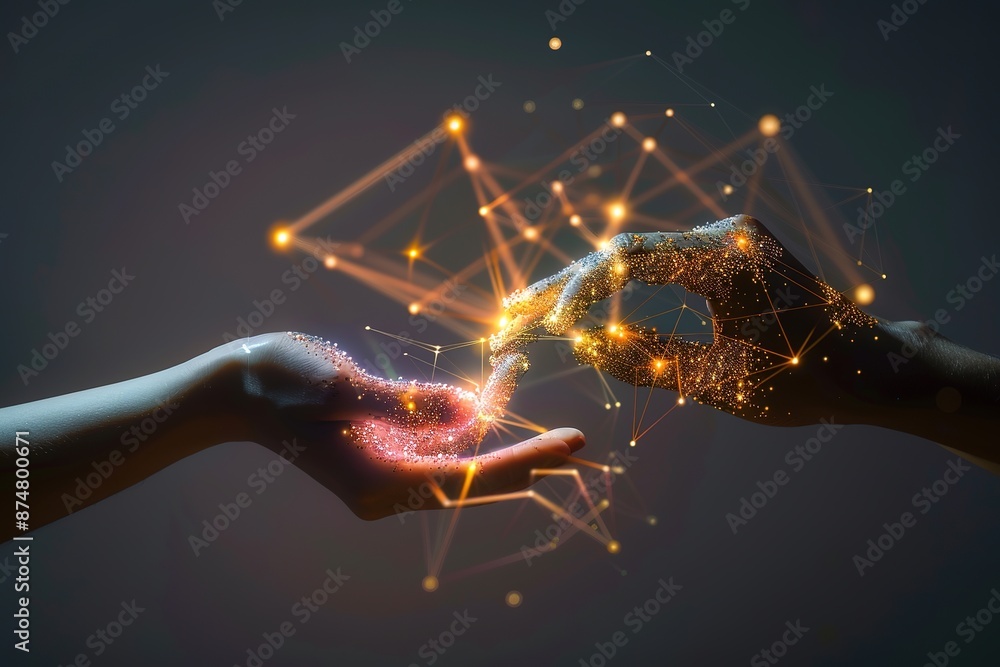 Aufkleber digital hands connecting with sparkling light and geometric shap