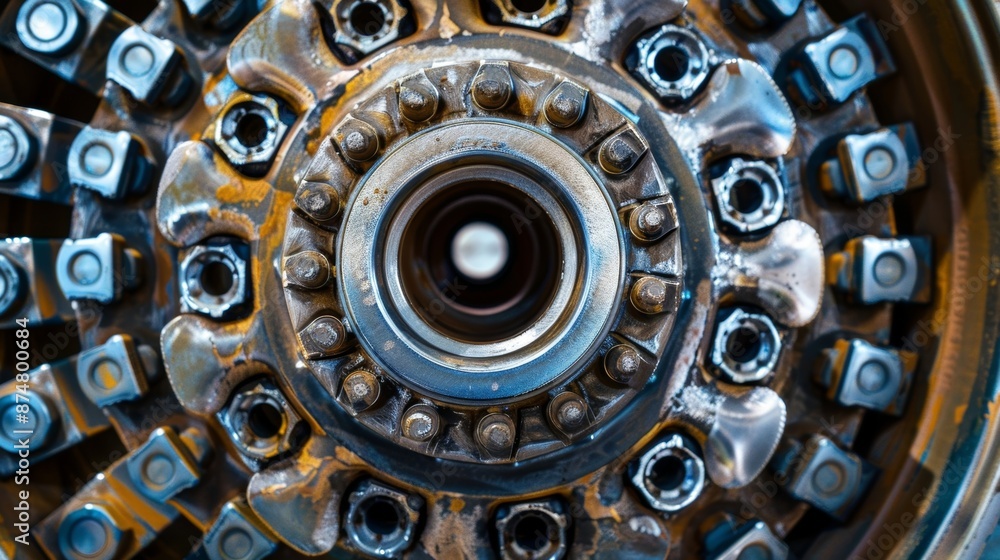 Poster a closeup of a trucks wheel bearing featuring multiple rows of sy triangularshaped rollers arranged 