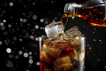 Close up of pouring cola drink from bottle into glass with ice cubes on black background. Generative AI