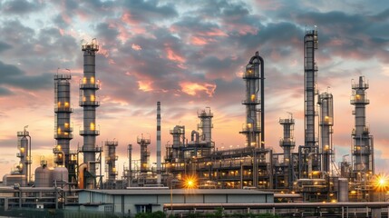 Fototapeta premium A large oil and gas production facilities industrial complex with pipeline structures and chimneys