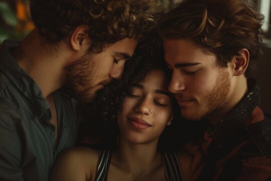 A polyamorous couple shares a tender, intimate embrace, with a woman in the center and two men on either side, their foreheads touching