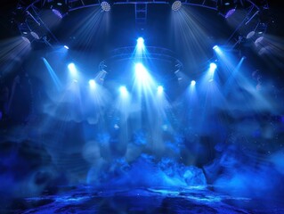 Nightclub scene with spotlights and fog Dark blue stage lights.
