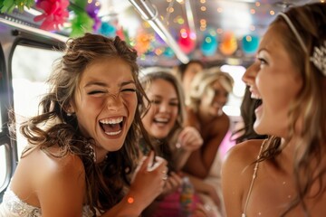 A bride-to-be laughs with her bridesmaids during a festive bachelorette party on a party bus