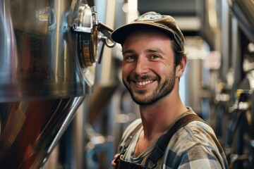 A smiling brewer wearing a plaid shirt and a brown cap stands next to a large, stainless steel fermentation tank in a modern brewery