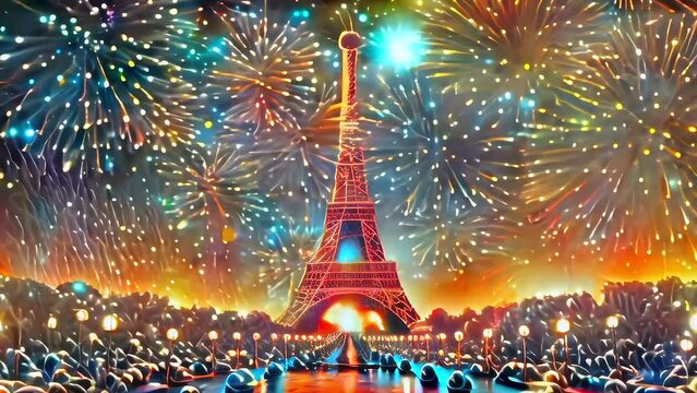 Whimsical Fireworks Over the Eiffel Tower in Paris During a Festive Night.