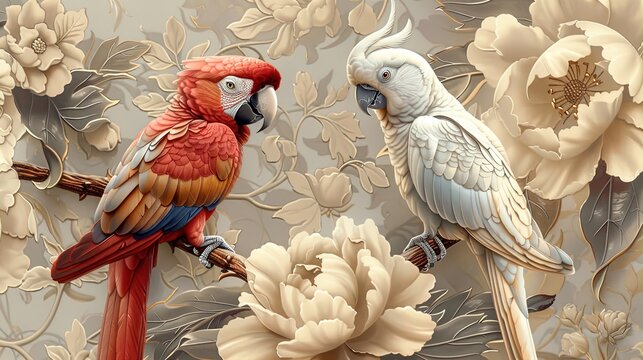 Red parrot and white cockatoo surrounded by detailed beige floral relief sculpture. Art concept for design and print.
