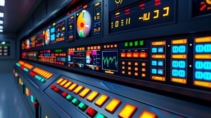 Fototapeta premium Futuristic control panel with various colorful buttons and screens, representing advanced technology and digital interface in a sci-fi setting.