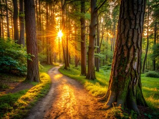 Obraz premium Warm sunset light filters through forest trees, illuminating a meandering path lined with lush greenery and featuring a close-up view of textured tree bark.