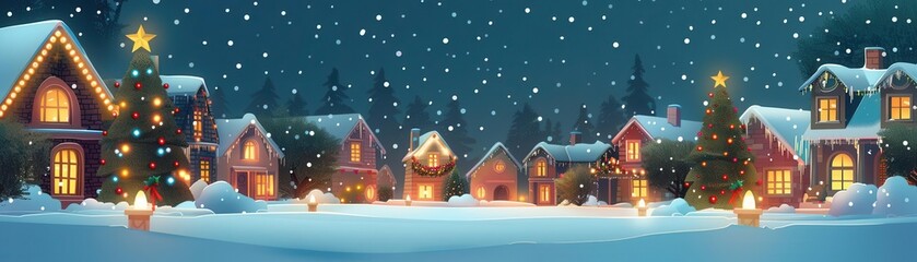 Fototapeta premium Snowy night, Christmas lights, neighborhood cheer, flat design illustration