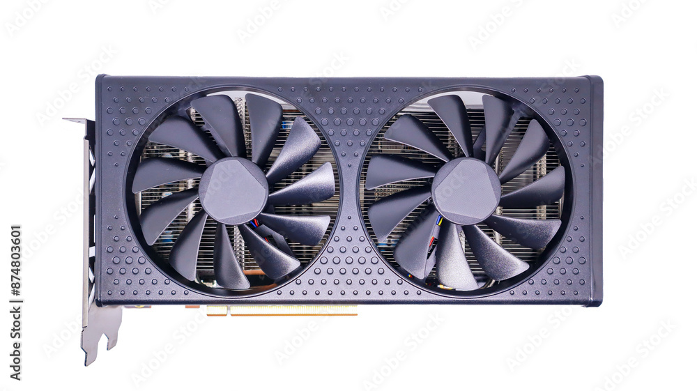 Poster a close-up of a graphics card featuring dual fans, showcasing the intricate details of its cooling s