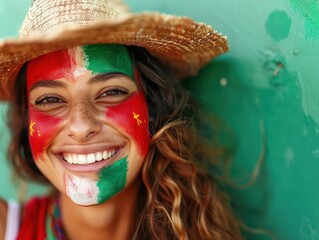 Vibrant Portrait of a Joyful Female Portugal Supporter with a Portugese Flag Painted on Her Face, Celebrating at UEFA EURO 2024