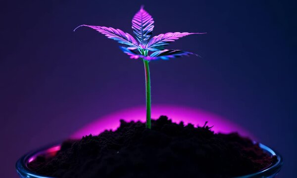 A small plant is growing in a dark, shadowy environment. The plant is surrounded by dirt and he is struggling to grow. Scene is somber and melancholic