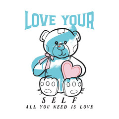 Retro urban style grunge Love concept teddy bear drawing and cool slogan text. typography and heart shape. Vector illustration design for fashion graphic, t shirt print, poster, sticker, slogan tee