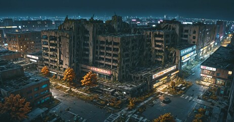 Obraz premium abandoned city town wasteland in autumn at night. rotting old buildings and overgrown towers. cars, junk, debris, and rubble.