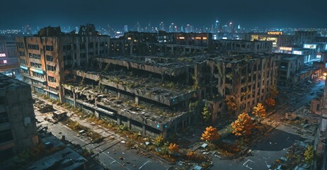 abandoned city town wasteland in autumn at night. rotting old buildings and overgrown towers. cars, junk, debris, and rubble.