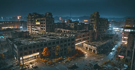 Fototapeta premium abandoned city town wasteland in autumn at night. rotting old buildings and overgrown towers. cars, junk, debris, and rubble.